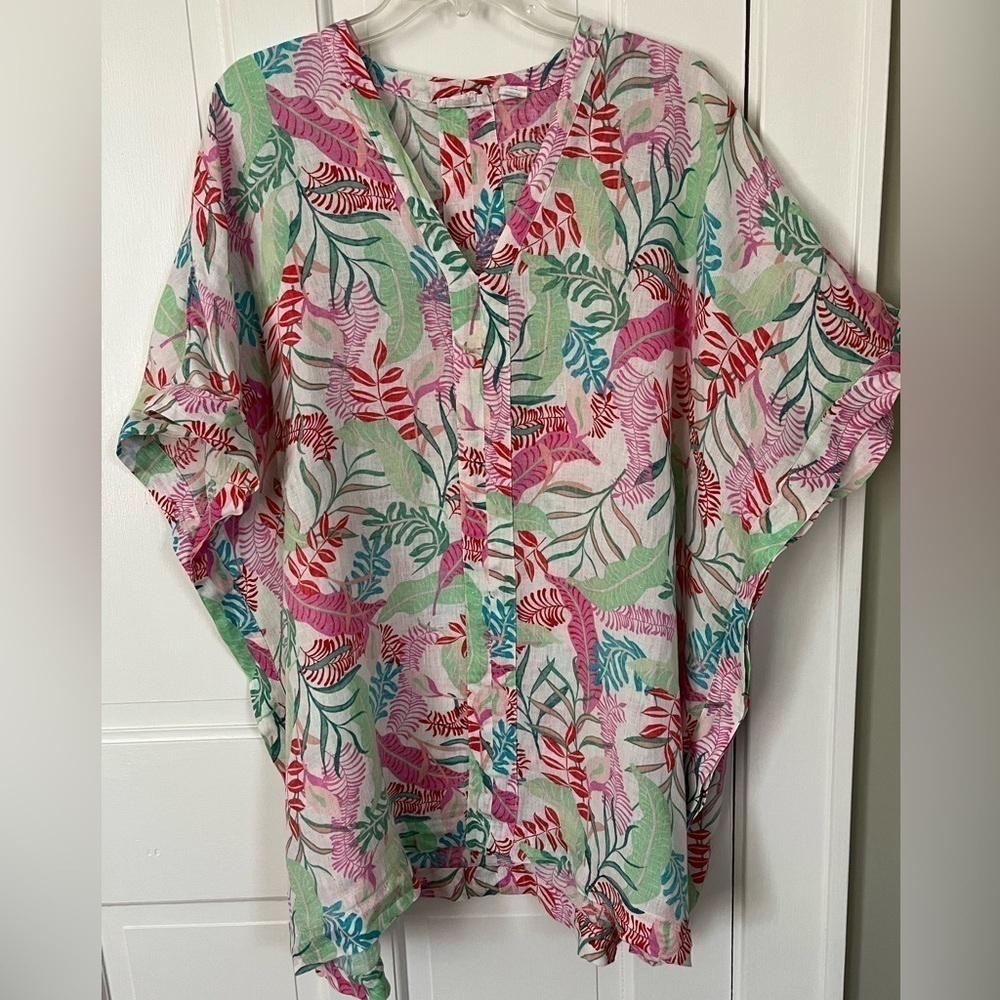 Cynthia Rowley 100% Linen Leaf Print Kimono Cover Up Oversized Pullover Medium
